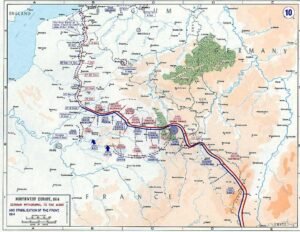 Mapa da Frente Ocidental em 1914 mostrando o avanço inicial e a estabilização das linhas de combate entre forças alemãs, francesas e britânicas durante a Primeira Guerra Mundial.