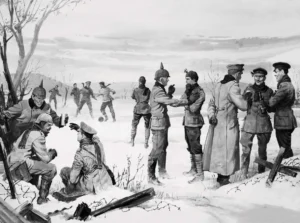Ilustração artística retrata soldados inimigos confraternizando durante a Trégua de Natal de 1914, trocando gestos, conversando e jogando futebol em meio ao inverno da Primeira Guerra Mundial.